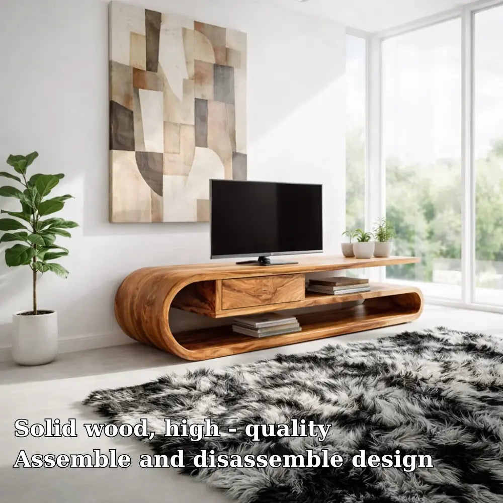 Solid Wood TV Cabinet Curved Design – Modern Oak Media Console Kitchnce