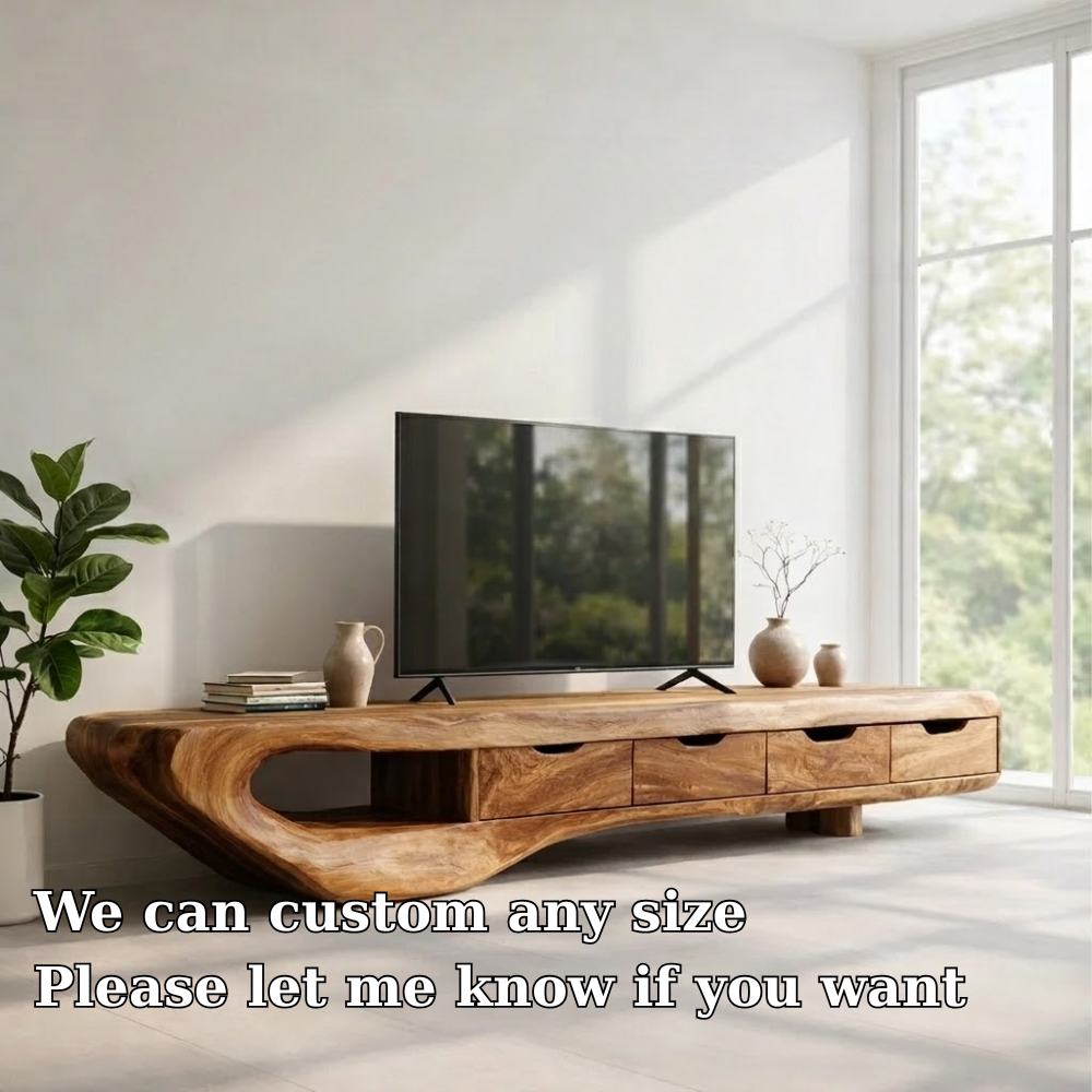 Solid Wood TV Console with Curved Live Edge – Modern Rustic Media Stand with Drawers