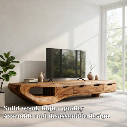 Solid Wood TV Console with Curved Live Edge – Modern Rustic Media Stand with Drawers