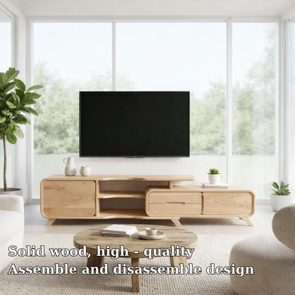 Solid Wood TV Console with Drawers & Shelves – Modern Media Unit Storage