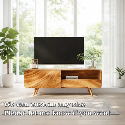 Solid Wood TV Console with Sliding Door – Modern Walnut Media Stand with Storage