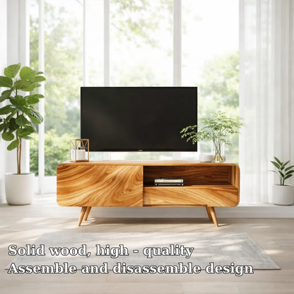 Solid Wood TV Console with Sliding Door – Modern Walnut Media Stand with Storage