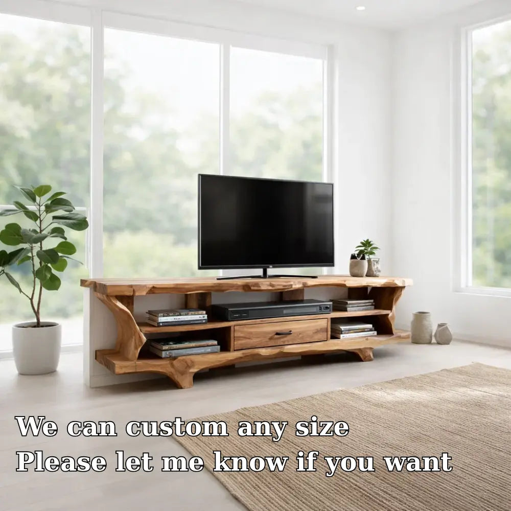 Solid Wood TV Cabinet with Live Edge – Rustic Oak Media Console Kitchnce
