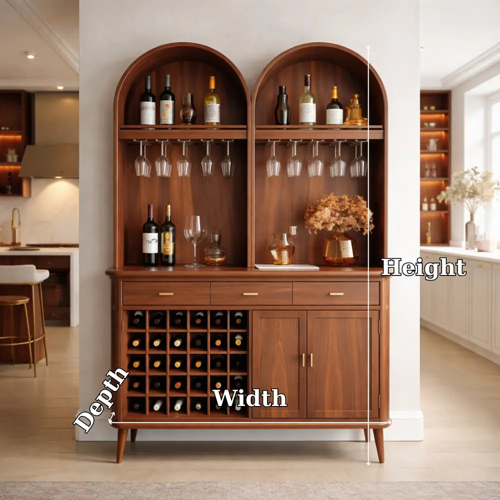 Solid Wood Arched Bar Cabinet with Wine Rack and Hanging Glass Storage Kitchnce