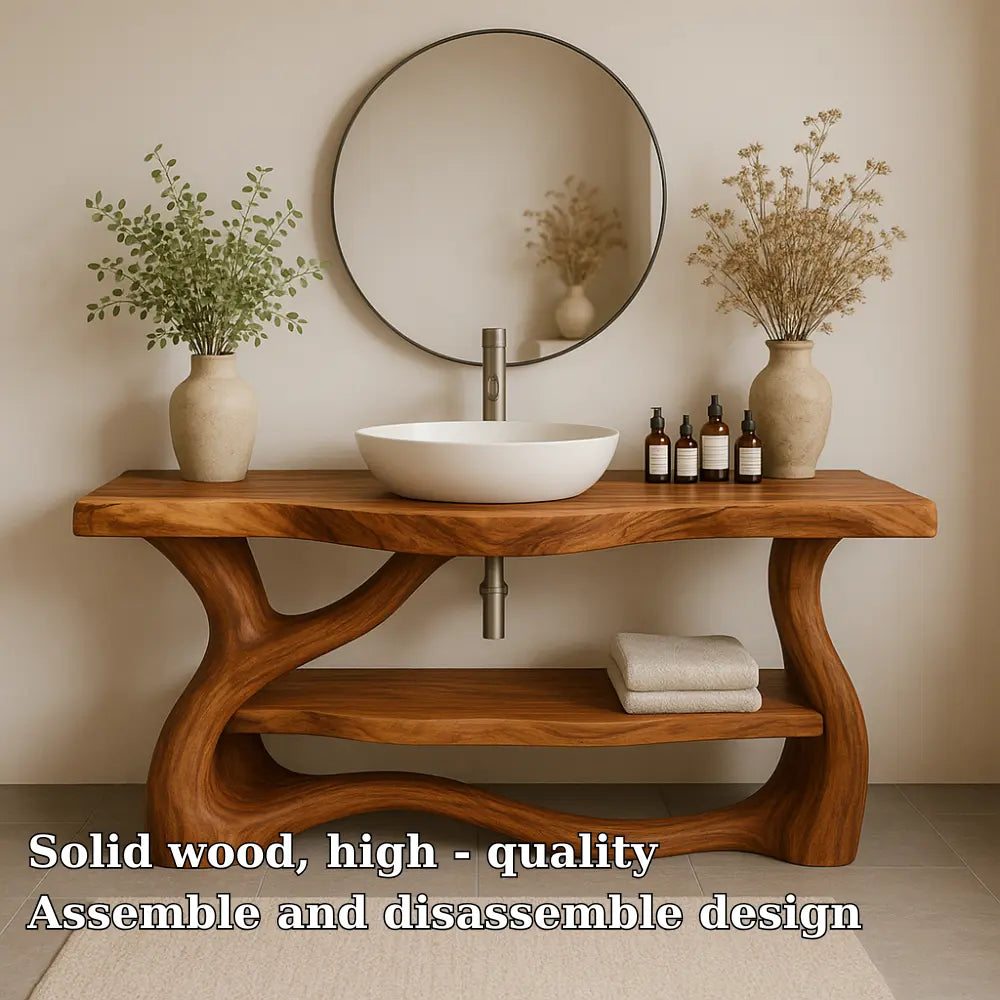 Handcrafted Solid Wood Bathroom Vanity with Organic Flow Design – Modern Natural Elegance Kitchnce