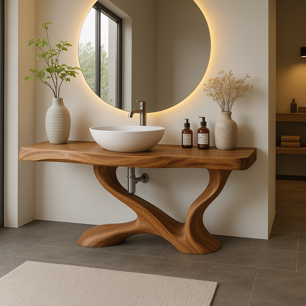 Handcrafted Solid Wood Bathroom Vanity with Sculptural Base – Modern Organic Bathroom Design Kitchnce
