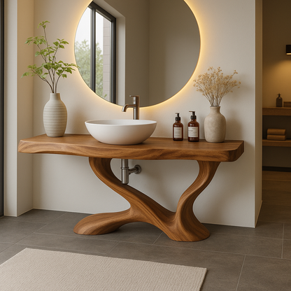 Handcrafted Solid Wood Bathroom Vanity with Sculptural Base – Modern Organic Bathroom Design Kitchnce