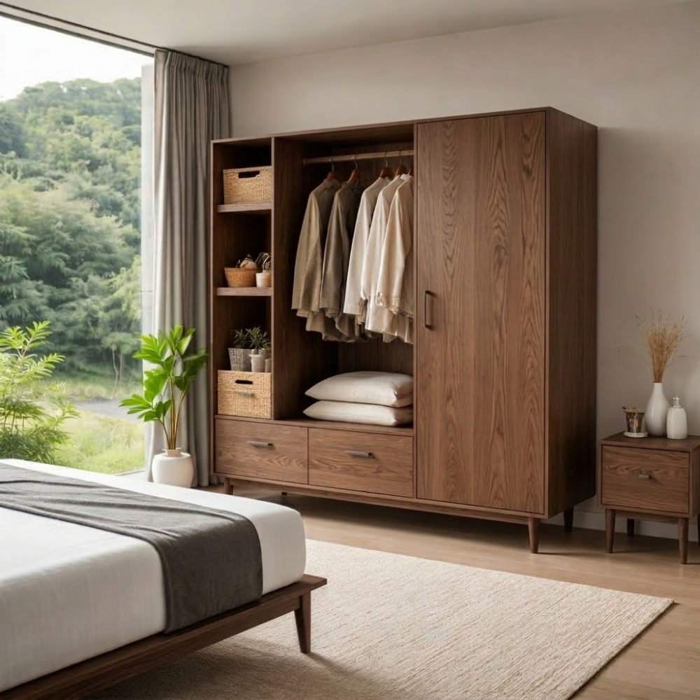 Solid Wood Wardrobe with Shelves and Drawers – Modern Bedroom Storage Closet