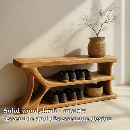 Modern Solid Wood Shoe Storage Bench – Entryway Wooden Bench with Open Shelves Kitchnce