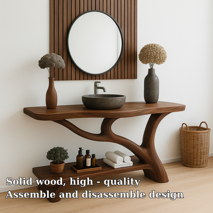 Handcrafted Solid Wood Bathroom Vanity – Organic Sculptural Design with Open Shelf Storage Kitchnce
