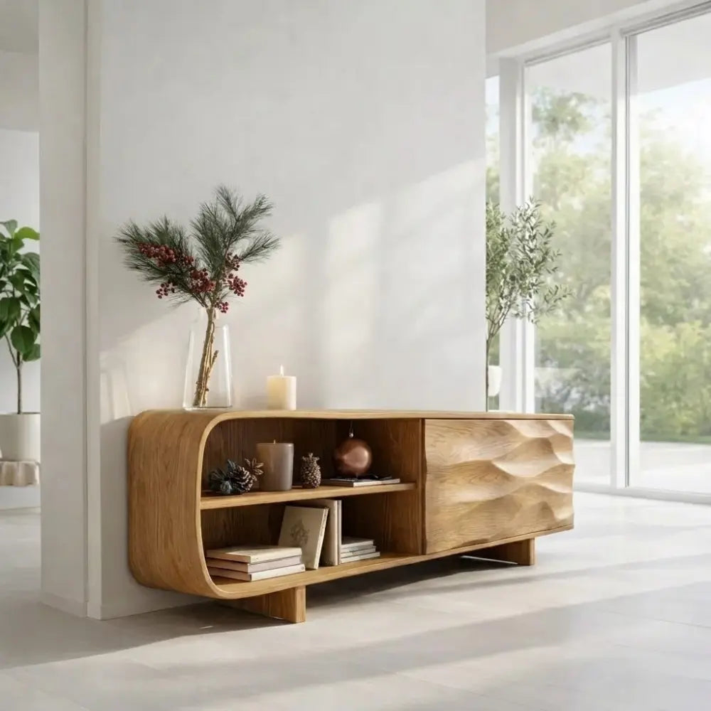 Modern Console Table with Curved Frame & Carved Front Panel Kitchnce