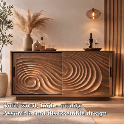 Solid Wood Console Table with Carved Wave Doors – Modern Sculptural Storage Cabinet Kitchnce