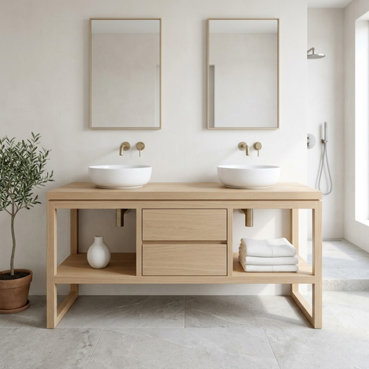 Bathroom Vanity Cabinet Double Sink Open Shelf Modern Solid Wood Base