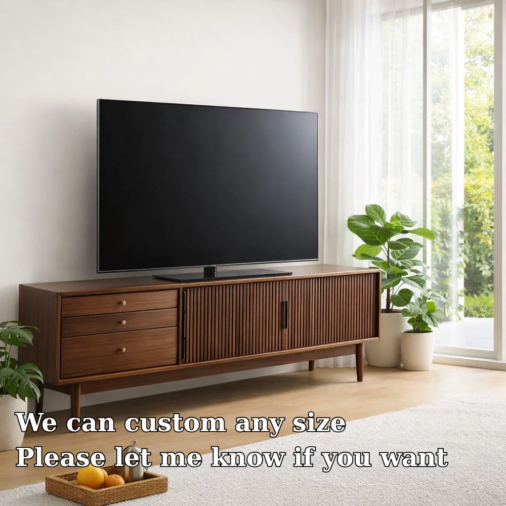 Mid Century Solid Wood TV Console with Slatted Doors & Drawers