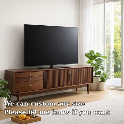 Mid Century Solid Wood TV Console with Slatted Doors & Drawers