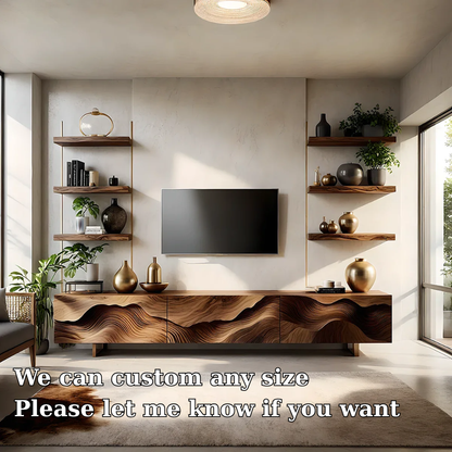 Solid Wood TV Stand Modern Walnut Media Console with Sculpted Wave Doors