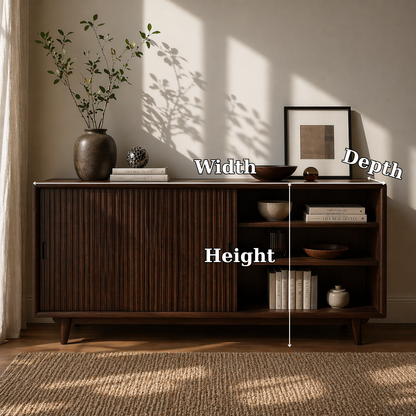 Solid Wood Sideboard Cabinet with Sliding Slatted Doors & Open Shelf Storage