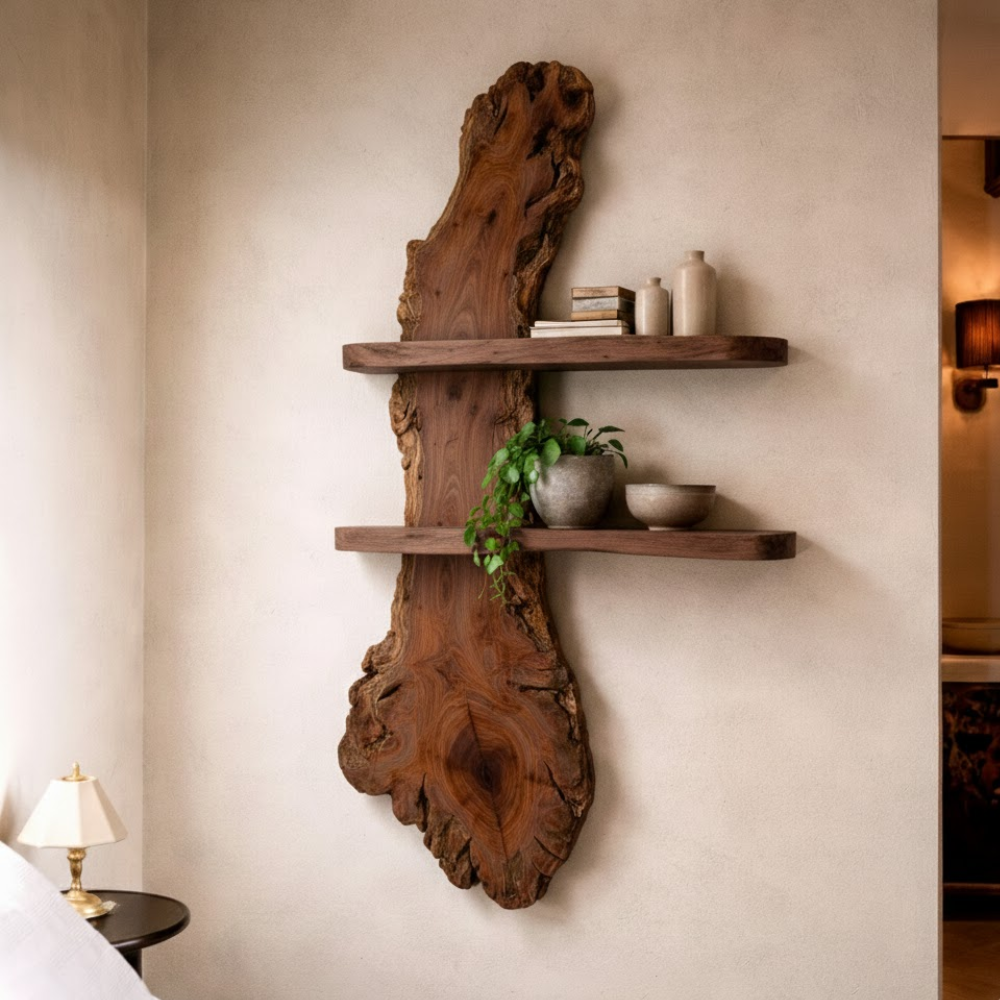 Handcrafted Solid Wood Live Edge Wall Shelf - Organic Tree-Shaped Floating Home Decor