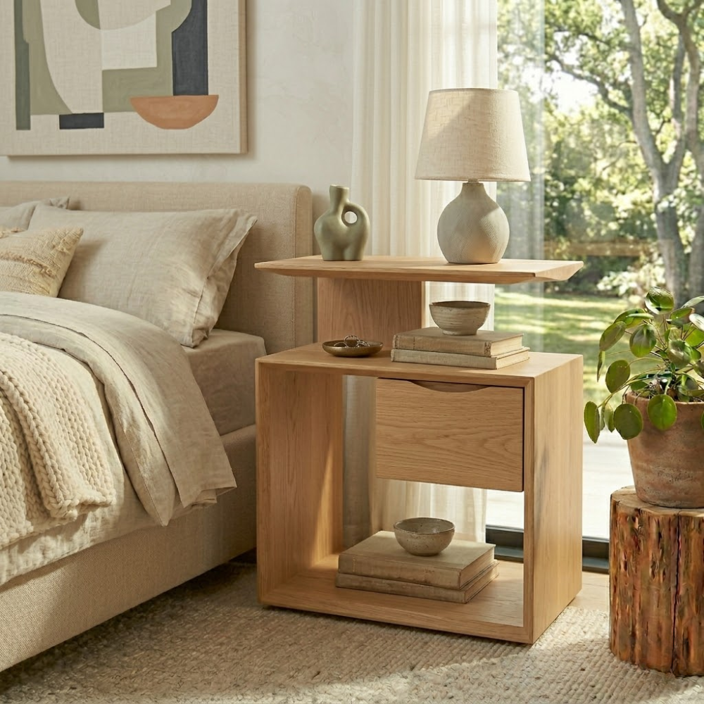Solid Wood Nightstand with Drawer & Open Shelf – Modern Bedside Table