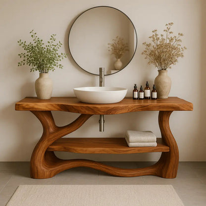 Handcrafted Solid Wood Bathroom Vanity with Organic Flow Design – Modern Natural Elegance Kitchnce