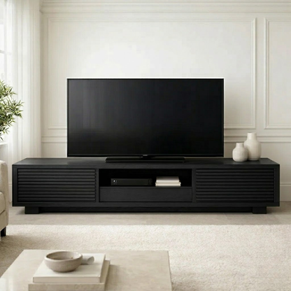 Solid Wood Media Console with Slatted Doors, Modern TV Stand with Storage