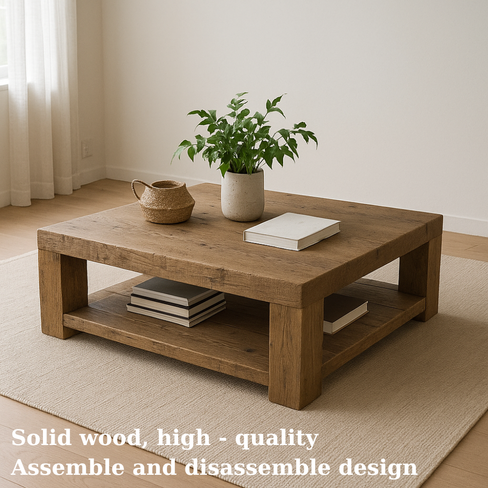 Handcrafted Solid Wood Coffee Table – Rustic Minimalist Square Center Table with Open Shelf for Japandi or Modern Living Room Kitchnce