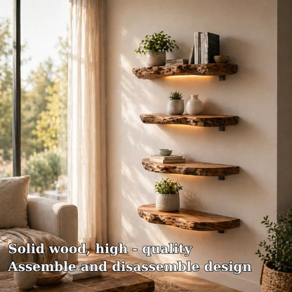 Solid Wood Floating Wall Shelf Rustic Live Edge Wall Mounted Shelf for Decor Kitchnce