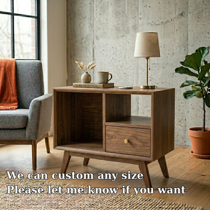 Solid Wood End Table with Open Shelves and Drawer – Mid Century Modern Side Table