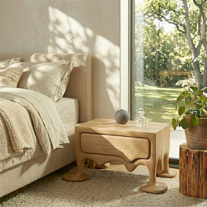 Solid Wood Nightstand with Drawer – Sculptural Organic Bedside Table
