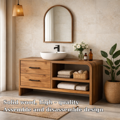 Modern Solid Wood Bathroom Vanity with Drawers and Open Shelf Storage Cabinet
