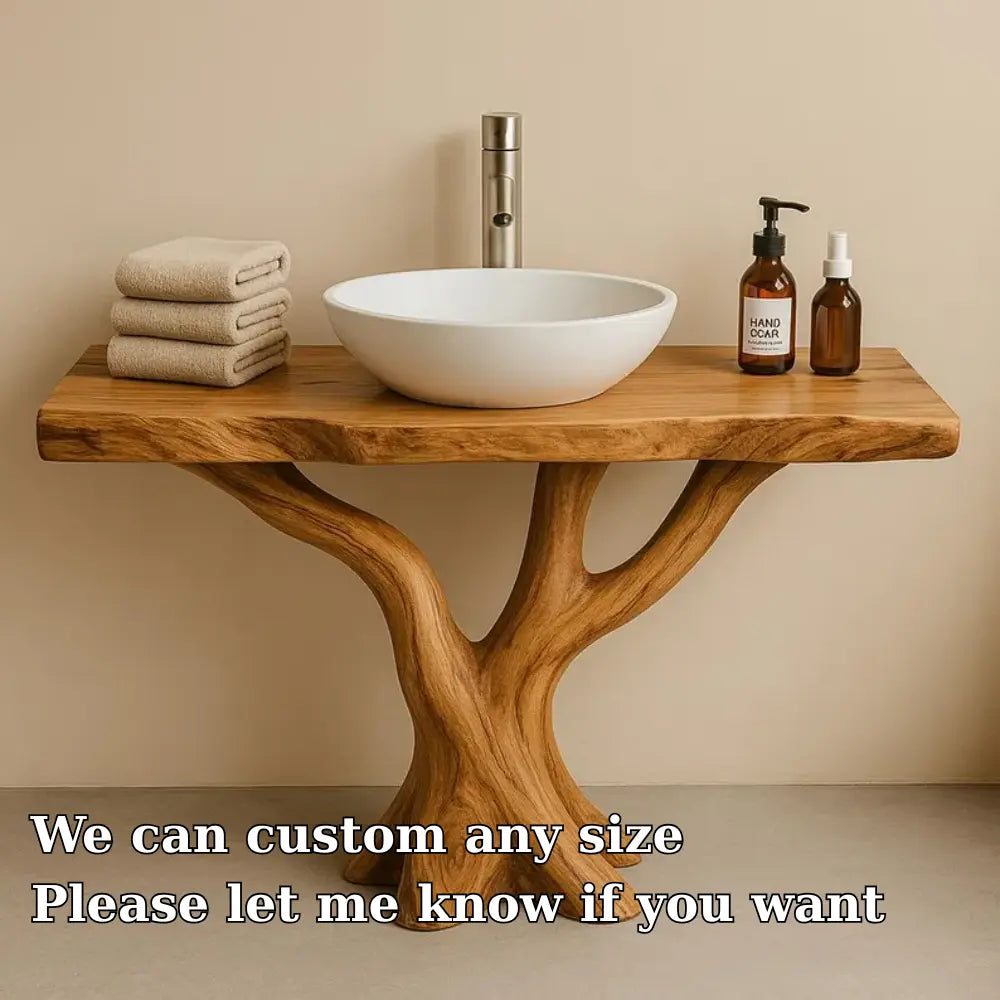 Handcrafted Solid Wood Bathroom Vanity with Tree Design – Natural Organic Sink Console Kitchnce