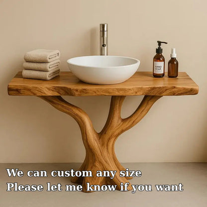 Handcrafted Solid Wood Bathroom Vanity with Tree Design – Natural Organic Sink Console Kitchnce