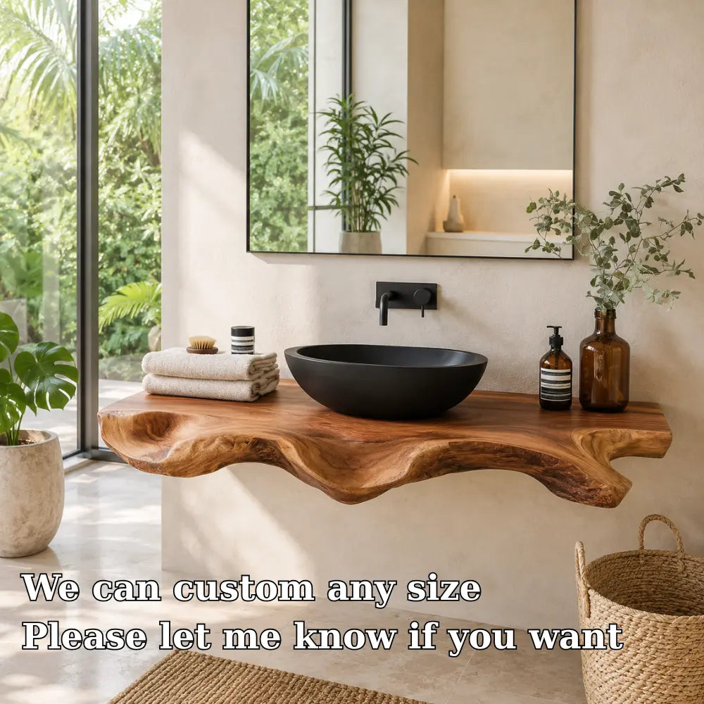 Sculptural Live Edge Vanity Shelf | Modern Solid Wood Floating Bathroom Kitchnce