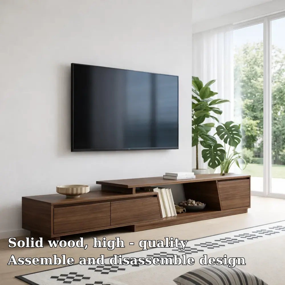 Solid Wood TV Cabinet Low Profile – Modern Walnut Media Console Kitchnce