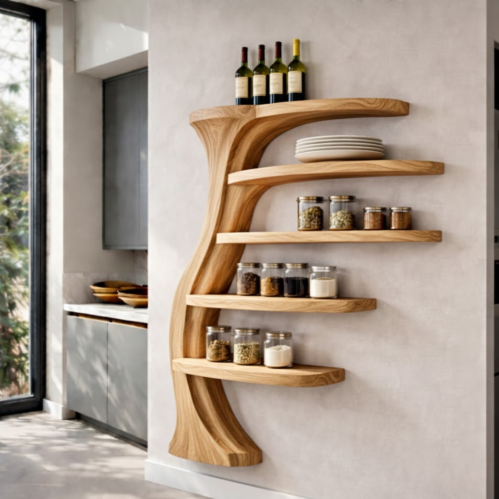Handcrafted Solid Wood Tree-Inspired Wall Shelf - Sculptural Floating Kitchen & Living Decor