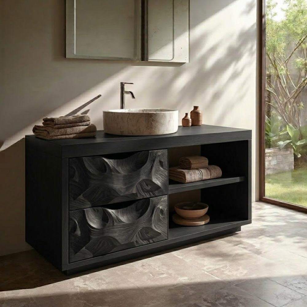 Carved Solid Wood Bathroom Vanity with Storage – Modern Wall-Mounted Unit