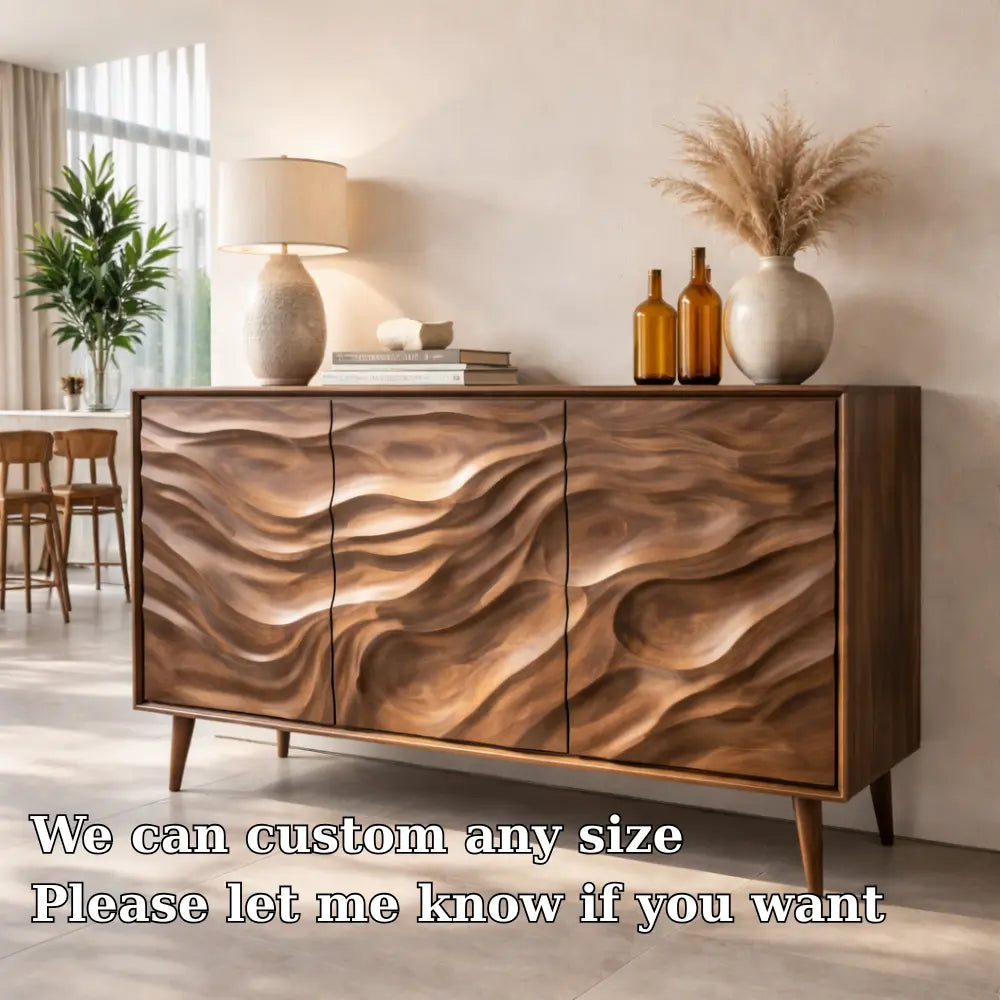 Solid Wood Console Table with Carved Wave Doors – Modern Sculptural Storage Sideboard Kitchnce