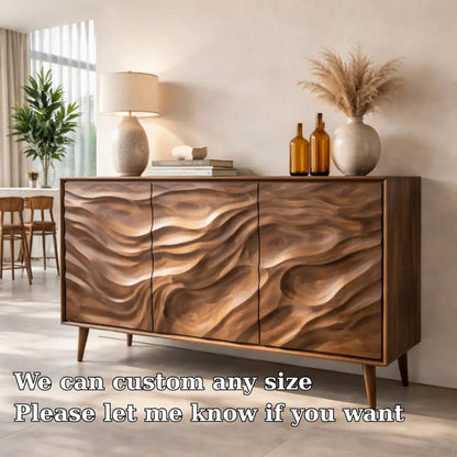 Solid Wood Console Table with Carved Wave Doors – Modern Sculptural Storage Sideboard Kitchnce