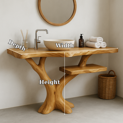 Handcrafted Solid Wood Bathroom Vanity – Natural Tree Form Design with Floating Shelf Kitchnce