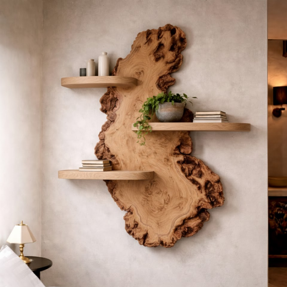Handcrafted Solid Wood Live Edge Wall Shelf - Artistic Floating Tree Design for Home & Kitchen