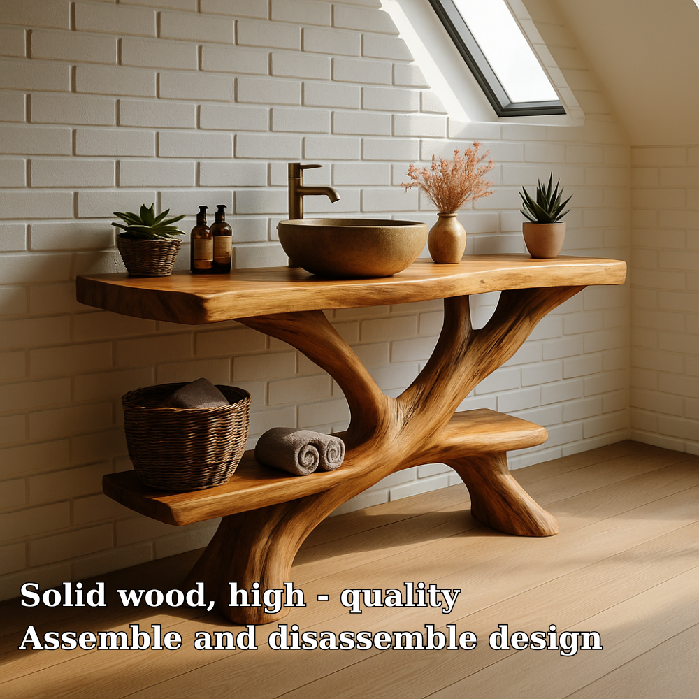 Handcrafted Solid Wood Bathroom Vanity – Rustic Organic Double Shelf Design for Modern Homes Kitchnce