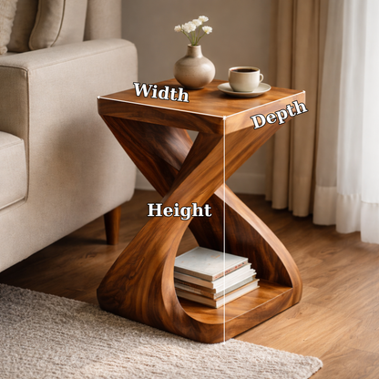 Sculptural Solid Wood End Table with Curved Base and Shelf – Modern Side Table