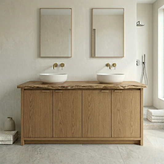 Solid Wood Bathroom Vanity Cabinet Double Sink Base Modern Natural Oak Finish