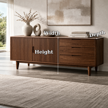 Fluted Solid Wood Console Cabinet with Drawers – Mid Century Storage Sideboard