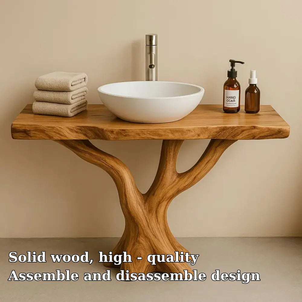 Handcrafted Solid Wood Bathroom Vanity with Tree Design – Natural Organic Sink Console Kitchnce