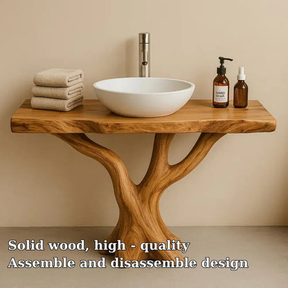Handcrafted Solid Wood Bathroom Vanity with Tree Design – Natural Organic Sink Console Kitchnce