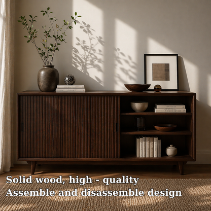 Solid Wood Sideboard Cabinet with Sliding Slatted Doors & Open Shelf Storage