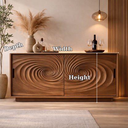 Solid Walnut Console Table with Carved Spiral Doors – Modern Wooden Sideboard