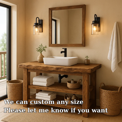 Rustic Solid Wood Bathroom Vanity with Vessel Sink and Open Storage Kitchnce