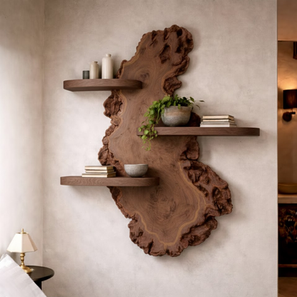 Handcrafted Solid Wood Live Edge Wall Shelf - Artistic Floating Tree Design for Home & Kitchen